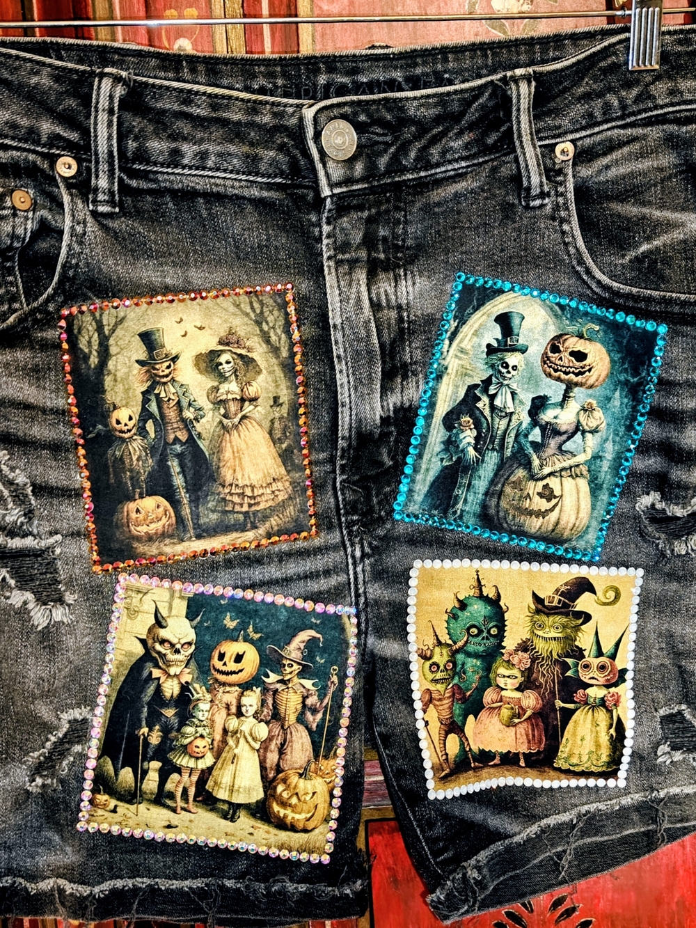 Gothic Monsters Black Distressed Unisex Denim Shorts with Halloween Patchwork